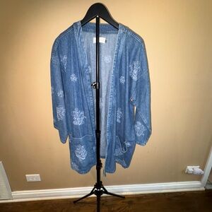 Denim Embroidered Open-Front Jacket - Blue
